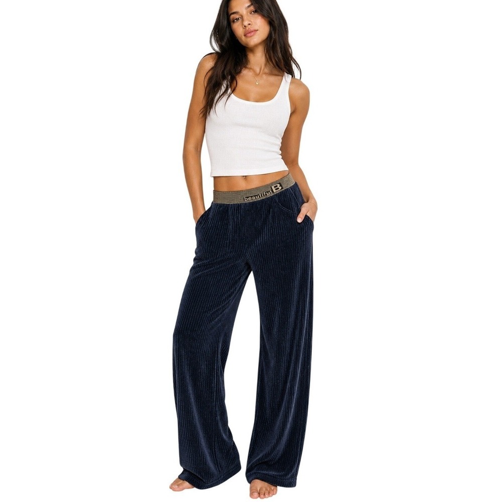 Beautiful B Ribbed‎ Velour Wide Leg Pants Logo Waist Women's M